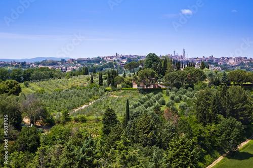 Garden with Castello Delle Quattro Torra hotel in the background, Siena, Siena Province, Tuscany, Italy