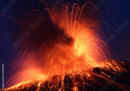 Volcano Stromboli erupting night eruption
