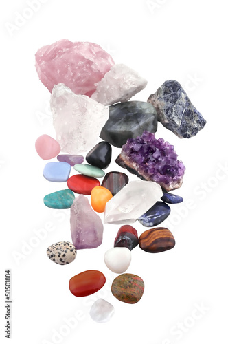Group of various kinds of crystals on white background