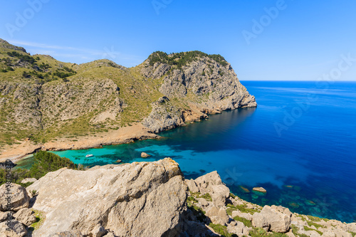 Bay beach turquoise sea mountains, Cala Figuera, Majorca