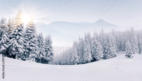 Panorama mglisty zimowy krajobraz w górach