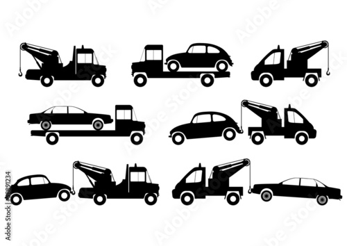 A set of tow truck silhouettes. Wreckers and other recovery vehicle with broken cars. Side view. Flat vector.