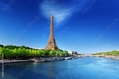 Seine in Paris with Eiffel tower in sunrise time