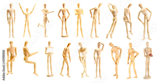 Collage of wooden mannequin in different positions