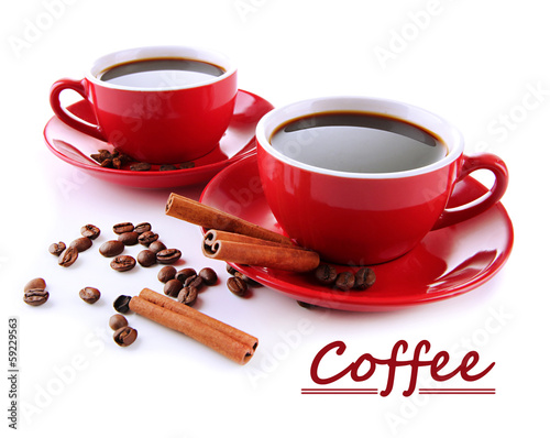 Red cups of strong coffee and coffee beans isolated on white