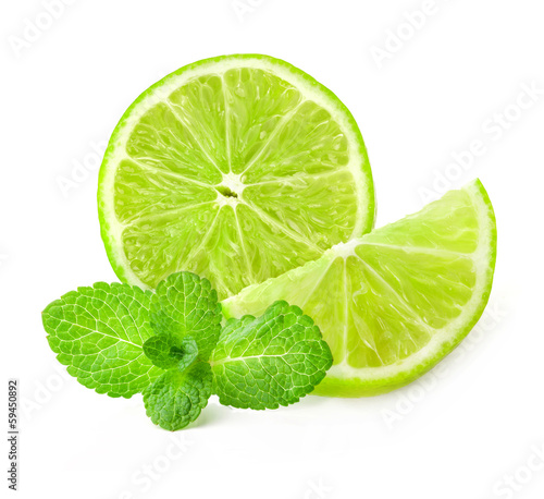 Fresh lime and mint, Isolated on white background