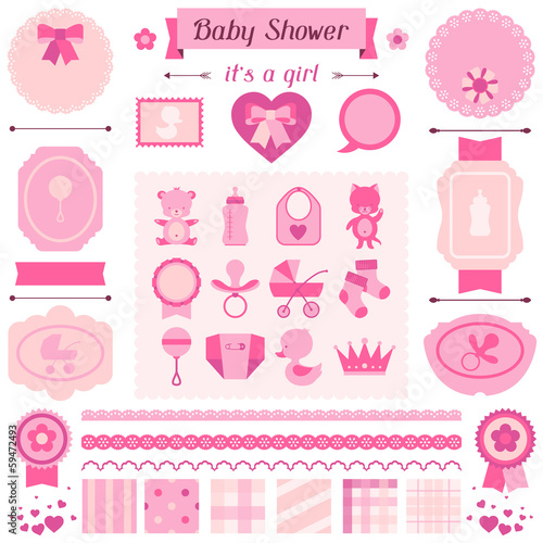 Girl baby shower set of elements for design.