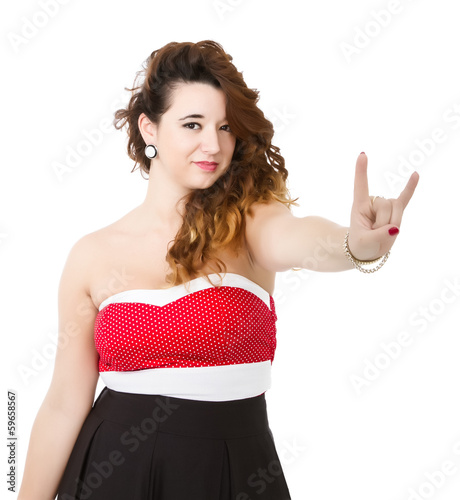 woman in red horny gesture