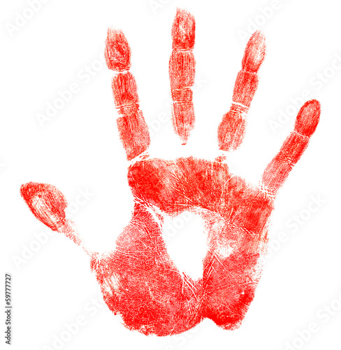 Bloody red hand print isolated on white
