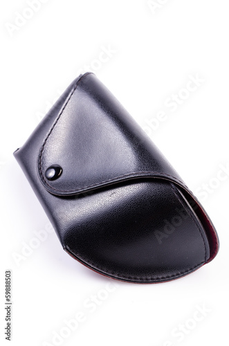 Black leather eyeglasses box on isolated white background