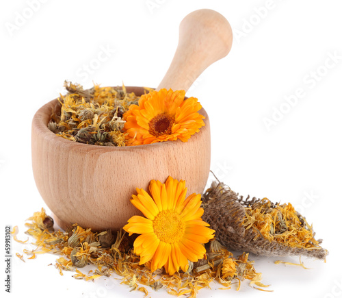 Fresh and dried calendula flowers in wooden mortar isolated