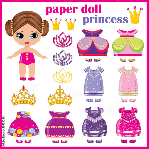 Paper doll princess with a set of clothes.