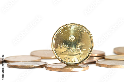 One Canadian dollar coins stack on white background