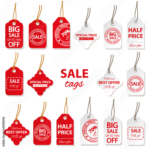 Sale labels big set in red and white colors.