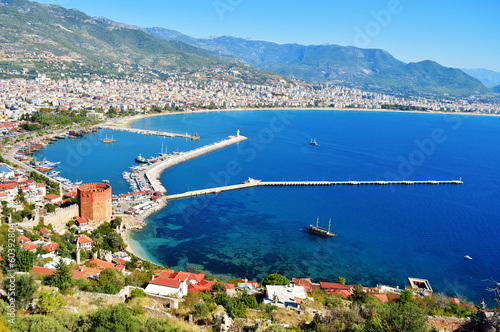 View of Alanya harbor from Alanya peninsula. Turkish Riviera