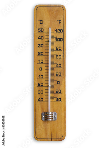 Wooden retro thermometer isolated over white