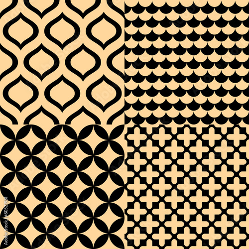 Beige and black geometric seamless patterns set, vector