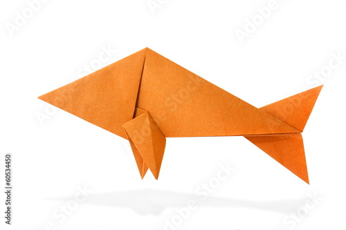 origami fish from recycled paper on white background