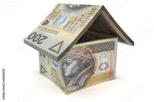 Domek z banknotów 200 złotych jako symbol hipoteki na zakup nieruchomości lub finansowania budowy domu