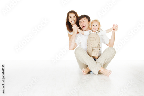 happy family, smiling father mother and laughting baby