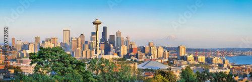 Seattle skyline panorama at sunset, Washington, USA