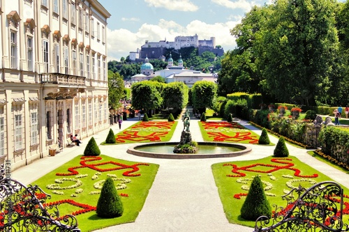 View through beautiful gardens to castle, Salzburg, Austria