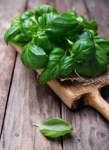 Fresh leaves of basil on a old wooden table