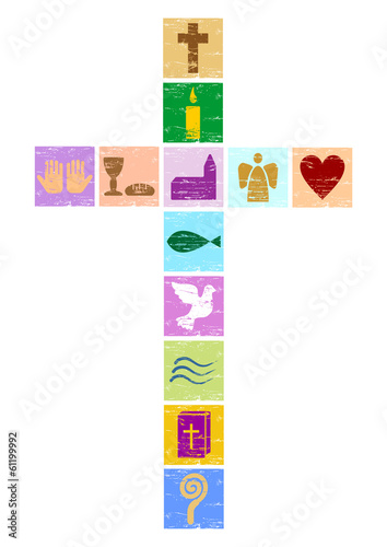 buntes christliches Kreuz mit diversen Symbolen