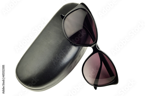 isolated fashion sunglasses with black leather case