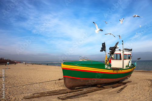 Fishing boat on the beach in Sopot, Poland.