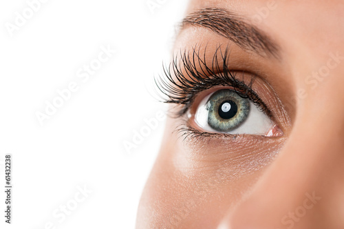 Close up of natural female eye isolated on white background