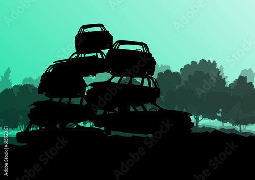 Old used automobile cars metal scrapyard graveyard landscape in