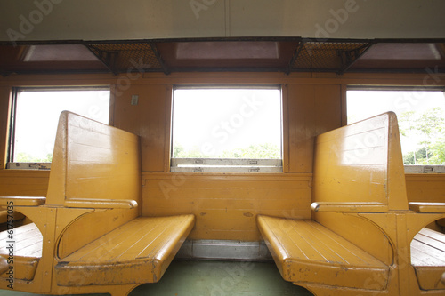 train seats, wooden empty seats row on train bogie, Thailand