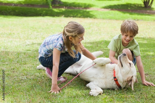 Full length of kids playing with pet dog at park