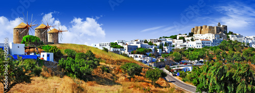 panorama of scenic Patmos island. view of Chora and windmills ,