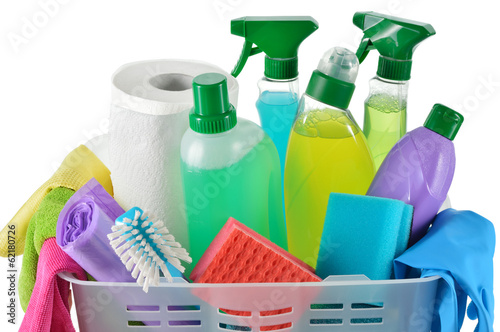 Cleaning products and supplies in a basket.