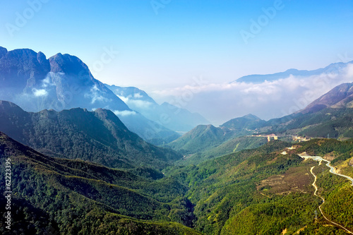 Landscape with mountain, clouds, and blue sky in Sapa, Vietnam