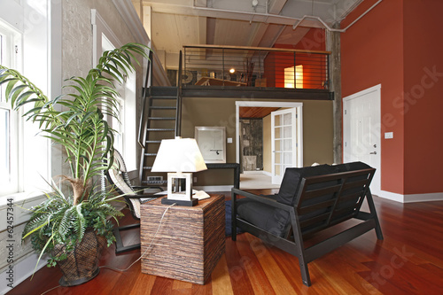 Reconstructed modern living room with a mezzanine area