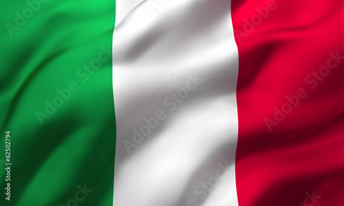 Flag of Italy blowing in the wind. Full page Italian flying flag. 3D illustration.