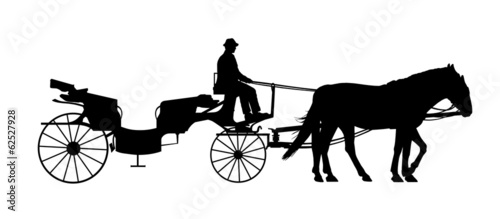 old style carriage with two horses and a coachman silhouette