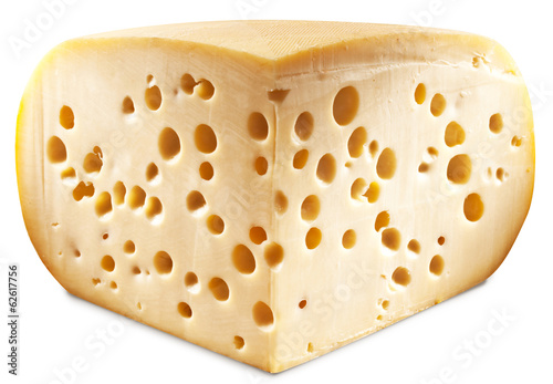 Quarter of Emmental cheese head isolated on a white background.