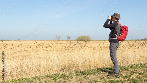 Male hiker viewing birds in wetland