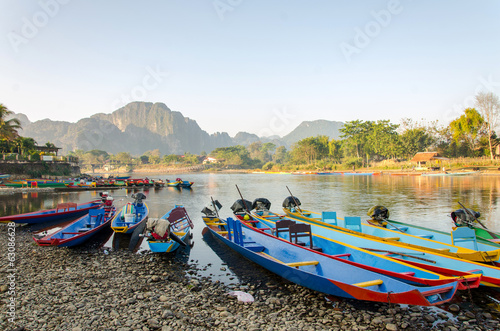 long tail boats on Song river, Vang Vieng,Laos