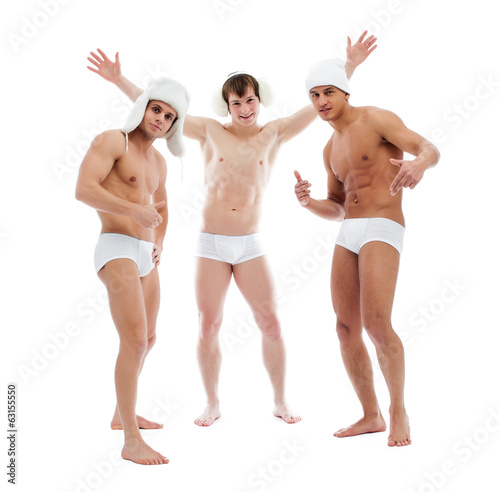 Image of cheerful young guys posing in briefs