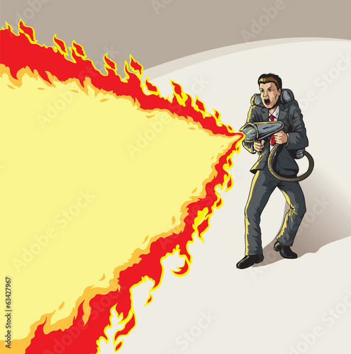 Businessman with flame thrower
