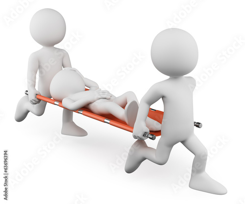 3D white people. Doctors carrying an injured on a stretcher