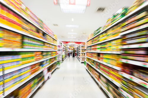 Empty supermarket aisle,motion blur