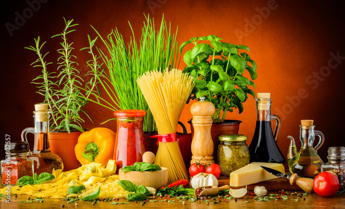 Still life with italian food and cooking ingredients
