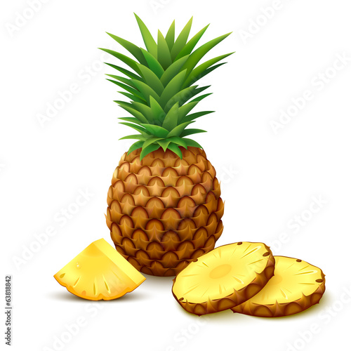 Pineapple with slices on white background