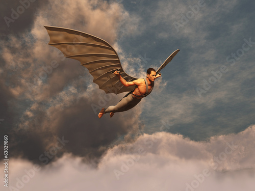 Hombre volando con alas artificiales
